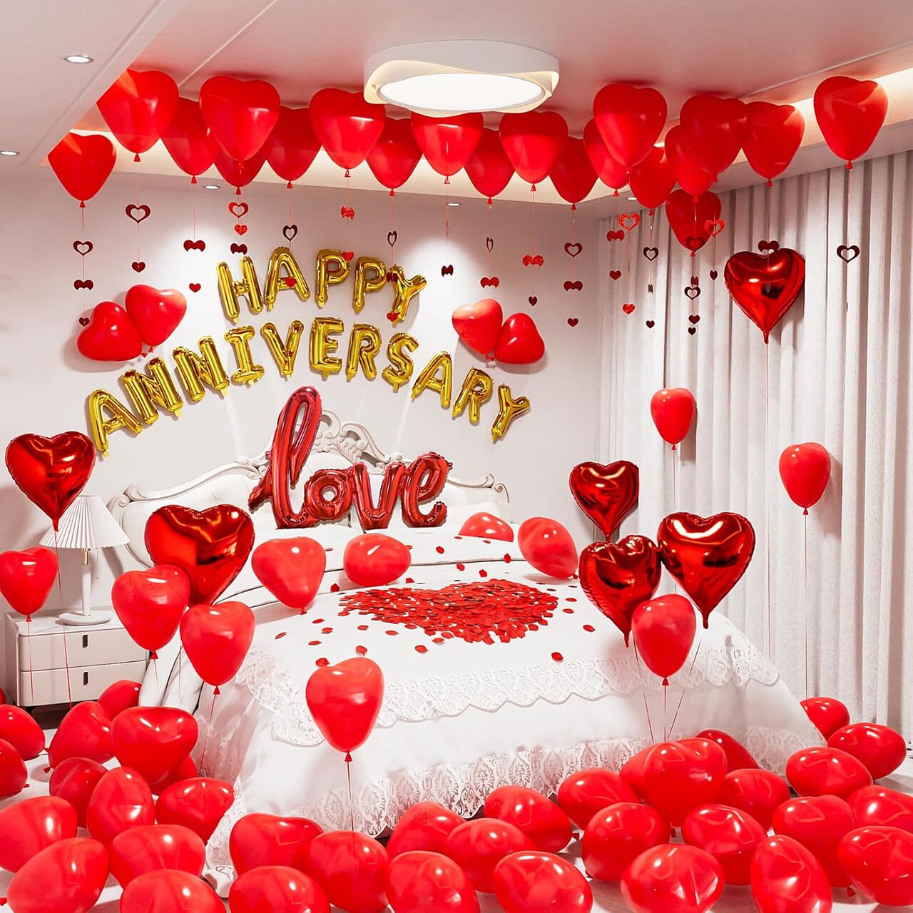 Anniversary Decorations – Banner, Heart Balloons, Love Balloon & Rose Petals (Red Gold) 12.5 x 8.6 x 0.6 inches